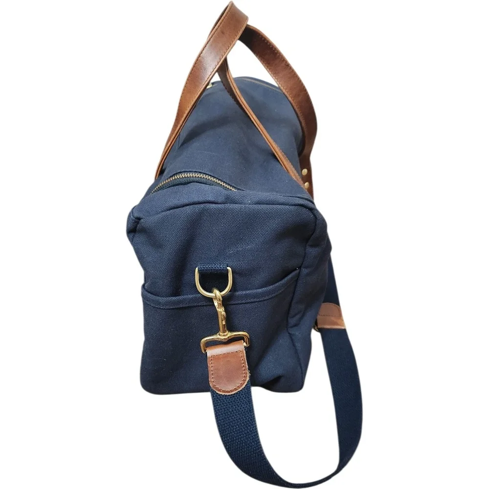 Hudson Sutler Navy Blue Medium Canvas Duffle Bag Leather Trim Medium 17x11x8‎